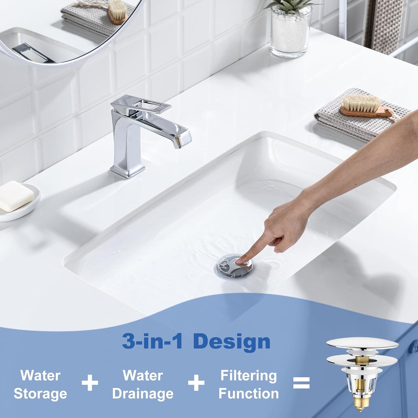 Universal 3-in-1 Bathroom Sink Stopper - Chrome Pop Up Sink Drain Stopper, Push Button Sink Drain Stopper Replacement, Wash Basin Drain Filter Plug with Anti-Clogging Strainer, (Large Cover)