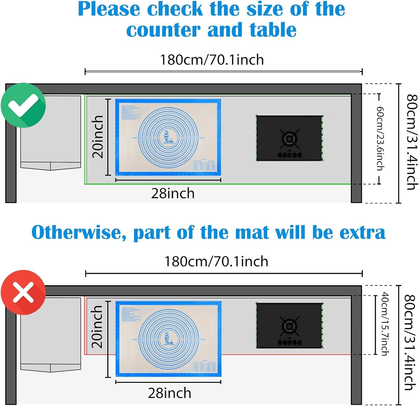 Nonstick Silicone Pastry Mat Extra Large with Measurements 28''By 20'' for Silicone Baking Mat, Counter, Dough Rolling,Fondant/Pie Crust By Folksy Super Kitchen (20×28, Blue)