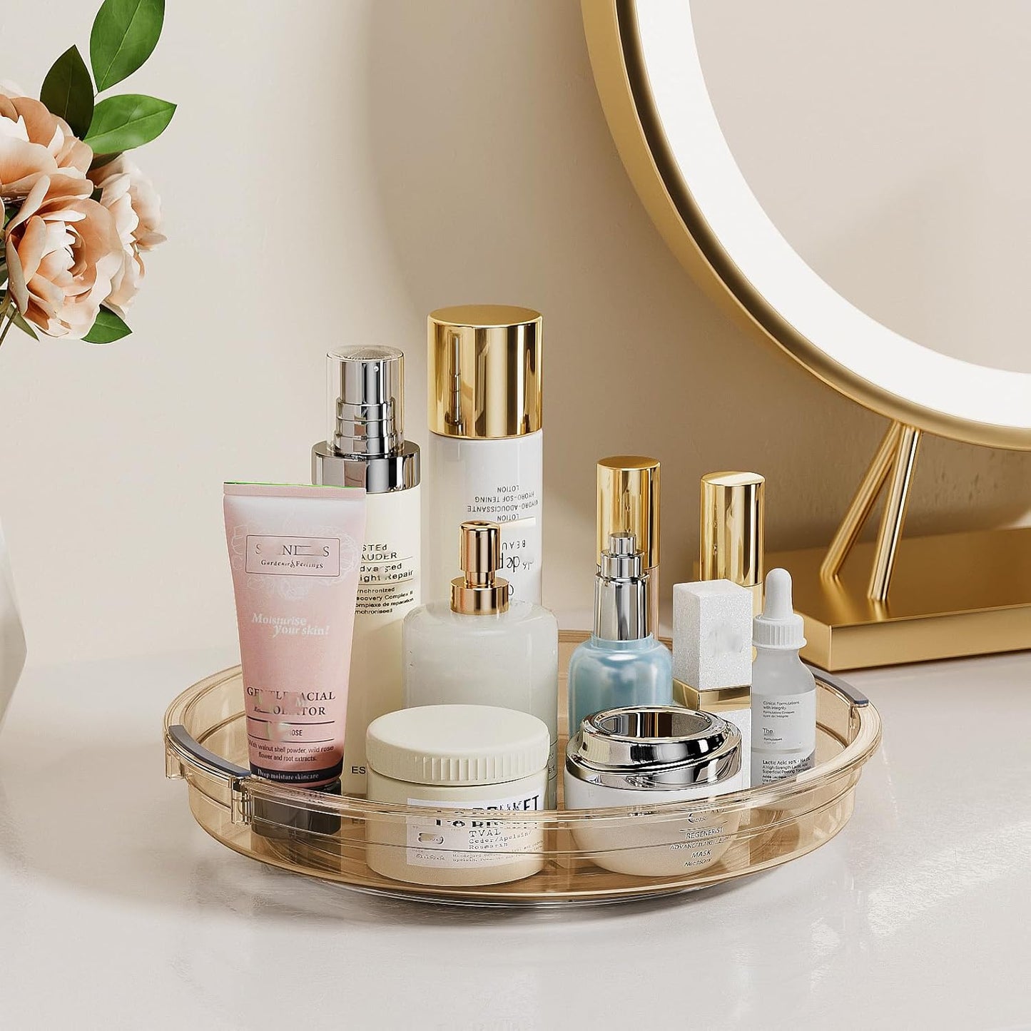 LAMU 2 Pack Lazy Susan Turntable Organizer for Cabinet, 10.6'' 9.25'' Condiment Organizer for Refrigerator, Kitchen Pantry, Medicine Cabinet Organizer, Spices Rack Organization, Bathroom, Amber