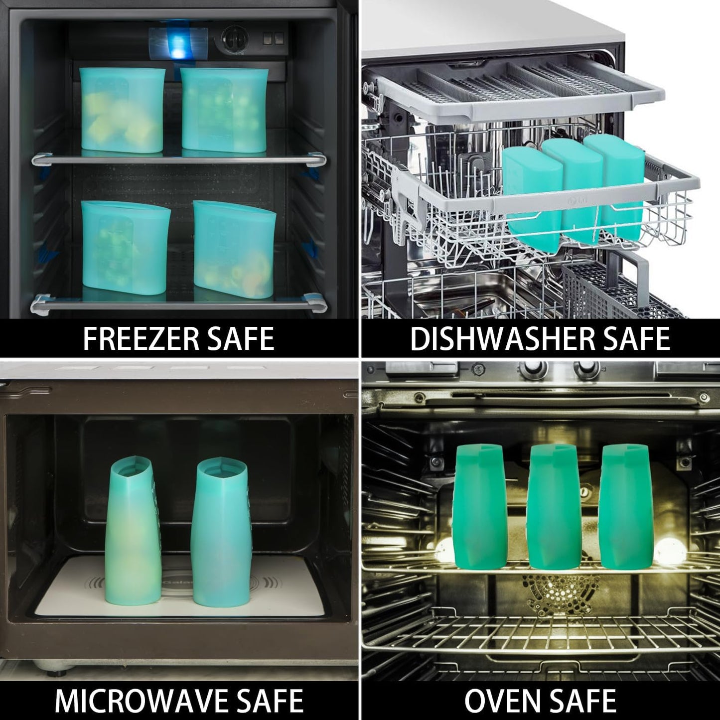 Reusable Snack Bags, 4 Pack, Stand Up 100% Silicone Reusable Storage Bag, Ziplock Silicone Food Storage Containers Snack Size, Freezer Microwave Oven Dishwasher Safe, Aqua, 16oz