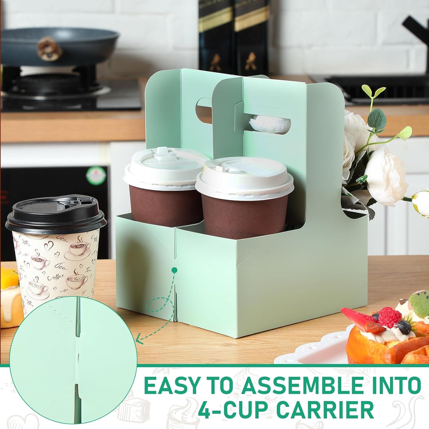 Kosiz 60 Pcs 2 Cups Drink Carrier with Handle 6.9 x 3.2 x 8.9 Inch Coffee Holder Paperboard Drink Caddy for Hot and Cold Beverage Takeout Cafe and Restaurant Xmas Wedding Food Delivery(Green)