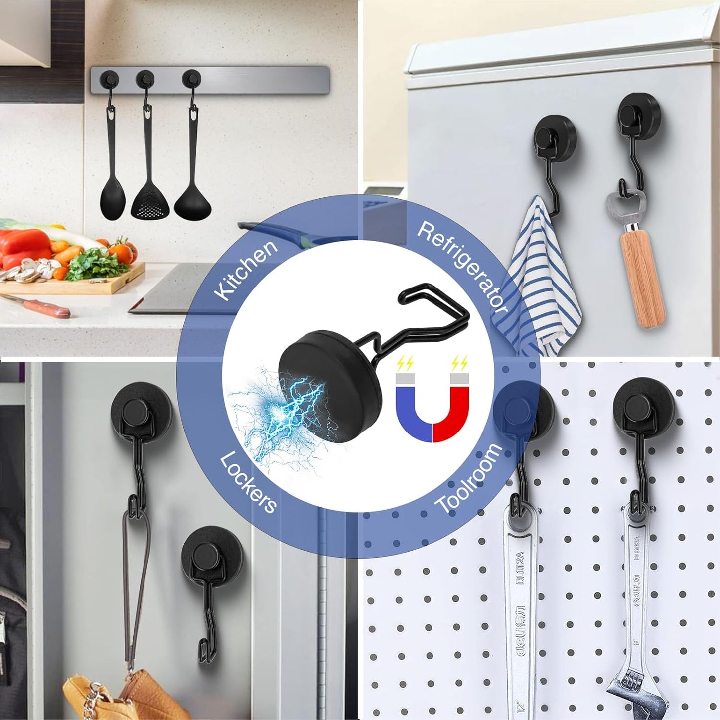 Heavy Duty Magnetic Hooks for Grill, Refrigerator & BBQ – 12-Pack Strong Rare Earth Magnet Hooks for Hanging Grill Tools, Towels & Outdoor Camping Accessories