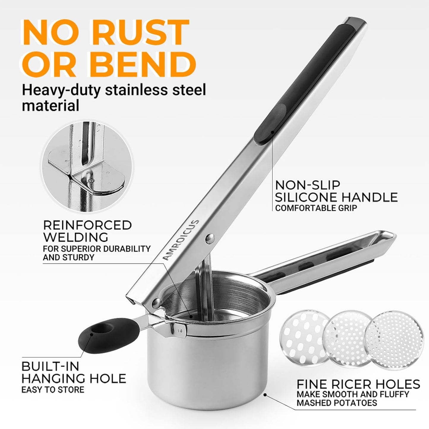Potato Ricer 15oz, Heavy Duty Stainless Steel Potato Masher with 3 Interchangeable Discs, Large Masher and Ricer Kitchen Tool for Mashed Potatoes, Spaetzle Noodle Maker, Potato Press