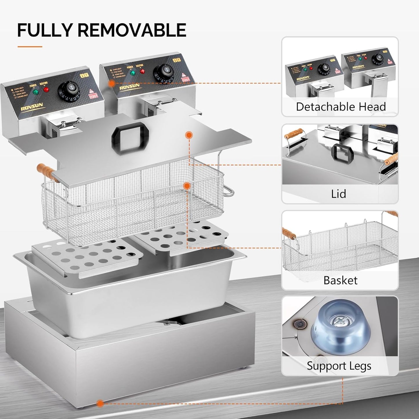 ROVSUN 23.8Qt Electric Deep Fryer with Basket, Lid & Adjustable Temp, Commercial Deep Fryer Countertop, Stainless Steel Kitchen Fat Fryer Frying Machine for French Fries Turkey Onion Rings 5000W