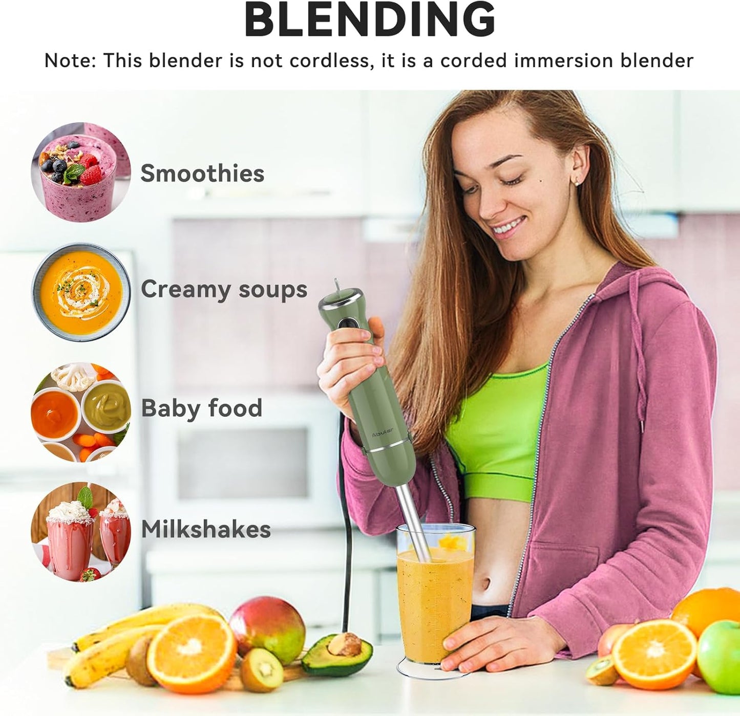 Immersion Blender Handheld 5 in 1 Hand Blender, 1000W Hand Mixer Stick, BPA-Free 12 Speed Handheld Blender with Mixing Beaker, Chopper, Whisk and Milk Frother for Soup, Smoothies, Sauce, Baby Food
