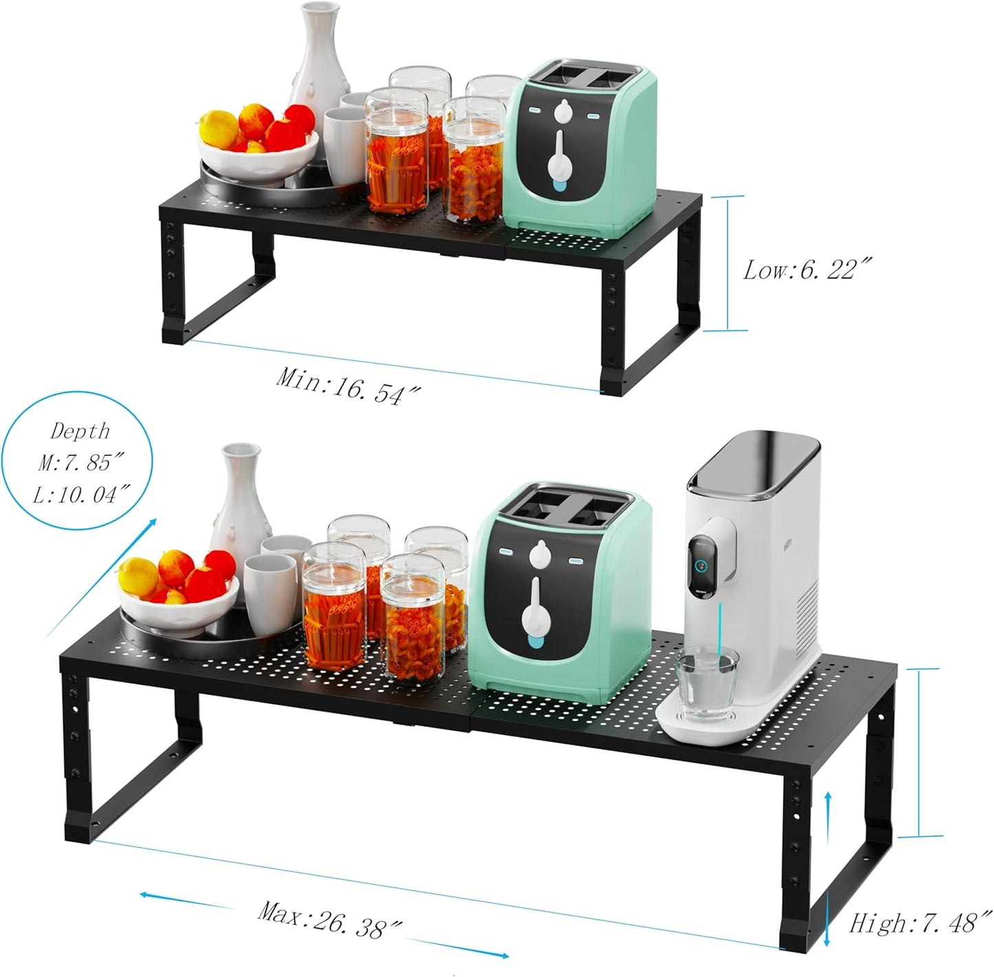 Expandable Spice Rack Kitchen Cabinet Shelf Organizer, Stackable Storage Shelves Racks, Adjustable Counter Shelving for Cabinets, Countertop, Cupboard,Pantry and More.(1Pack/Black/Medium)