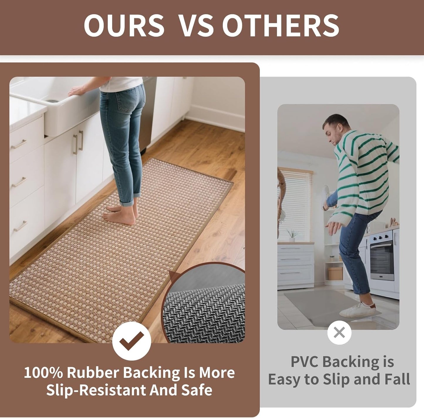 Long Kitchen Runner Rugs Kitchen Mat Non Slip Washable, Super Absorbent Soft Chenille Braided Kitchen Mats for Floor, Rubber Backing Kitchen Floor Sink Standing Mat, Easy Clean, Brown 24"x71"