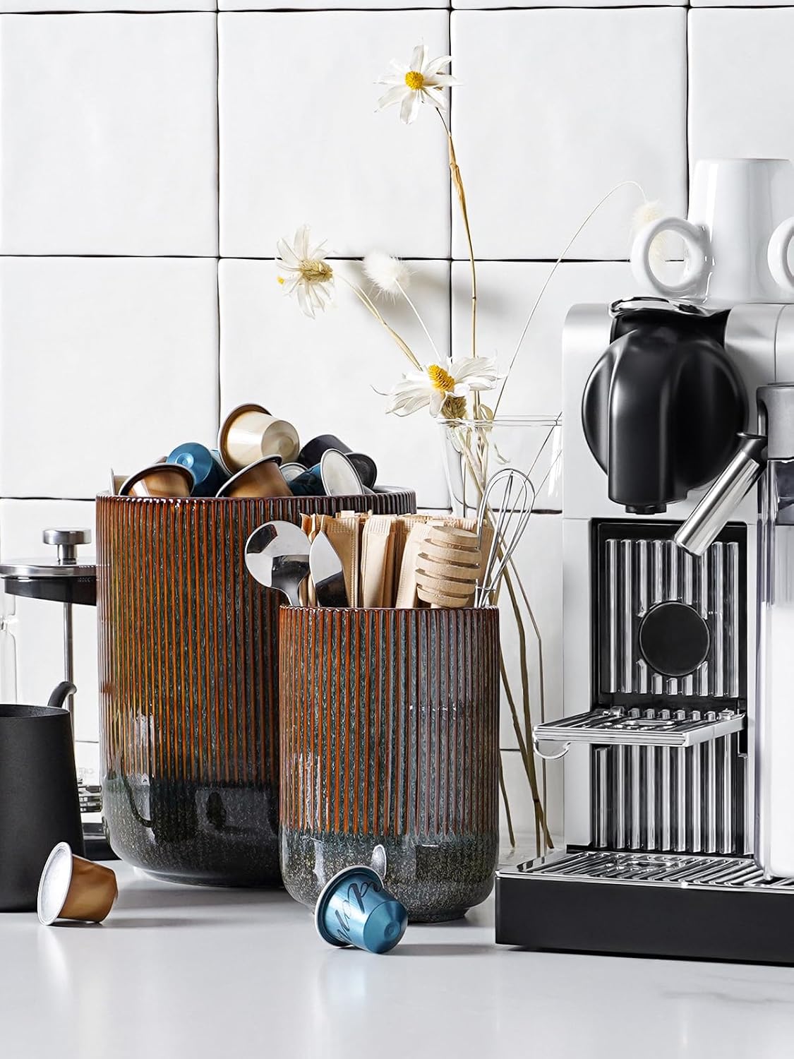 LE TAUCI Utensil Holder, 7.3"+5.4" Ceramic Kitchen Utensil Holder for Countertop, Black Cooking Utensil Crocks for Kitchen Counter, Morden Utensil Organizer for Spatula, Set of 2, Marble Dark Olive