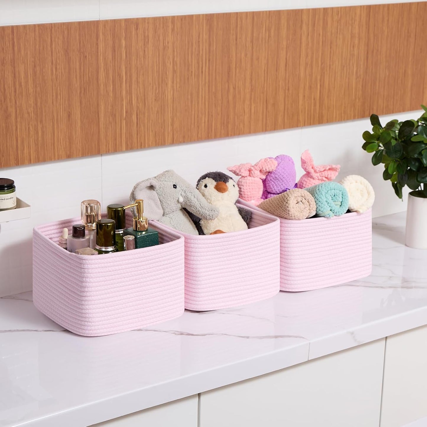 Small Organizing Baskets for Cubes Shelf, 9.7x9.7x7.1 Inch Rope Woven Storage Bins for Nursery Shelves Storage, Cute Toy Basket, Square 3 Packs Light Pink