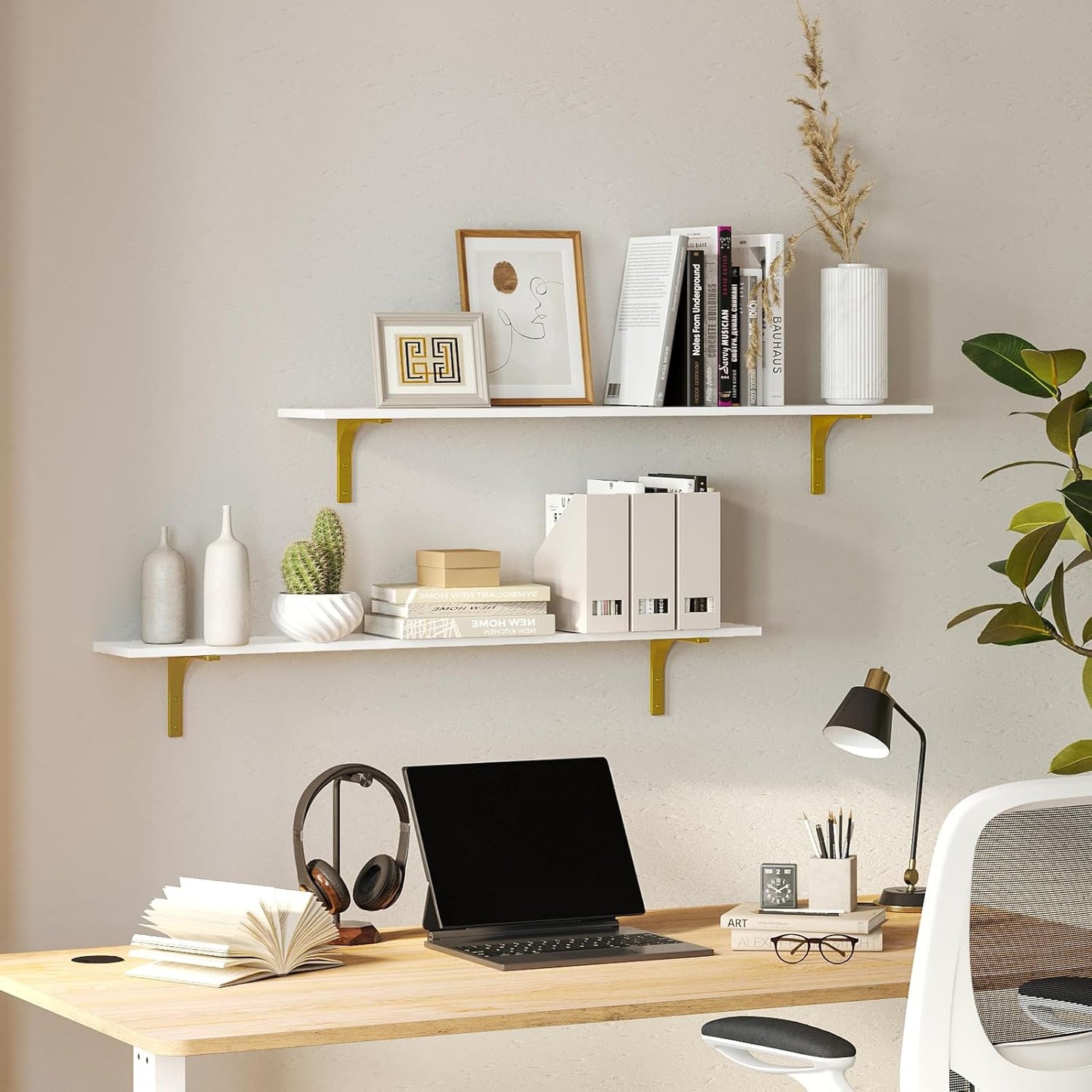 DINZI LVJ Long Wall Shelves, 31.5" Wall Mounted Shelves Set of 4, Large Floating Shelves with Metal Brackets, for Living Room, Bathroom, Bedroom, Kitchen, White and Gold