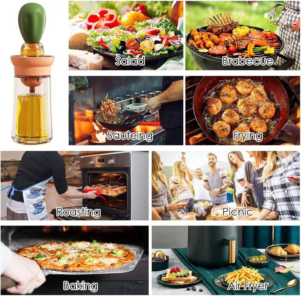 TINMIX Oil Dispenser with Brush - Glass Olive Oil Dispenser for Kitchen, 2 IN 1 Oil Dispenser Bottle with Silicone Basting Brush for Cooking Vinegar Sauce BBQ Grill Frying, T-OB21, Grey