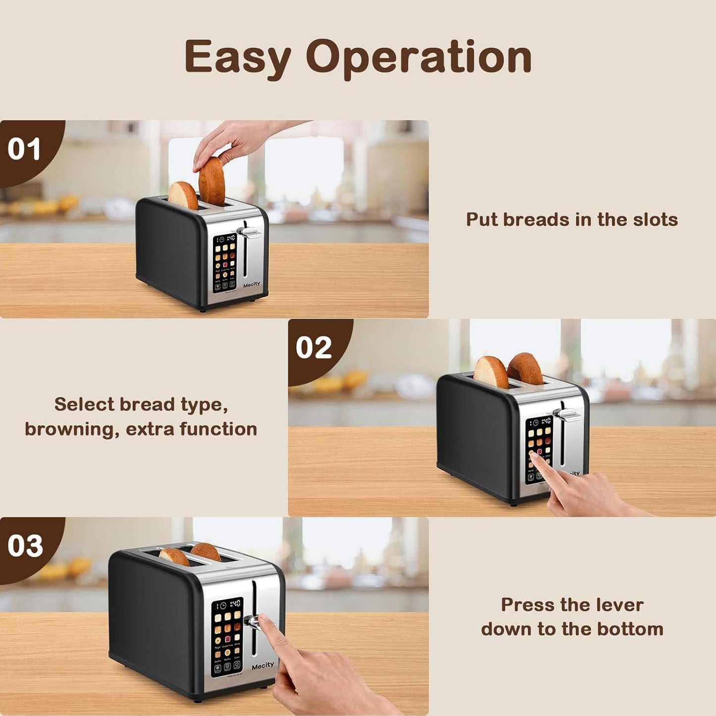 Mecity 2 Slice Touch Screen Toaster, 1.5" Wide Slot, Stainless Steel Smart Toaster for Bagels, Muffins, Waffles, Gluten-Free Breads, Defrost, Reheat, Timer, 120V 825W, Matt Black