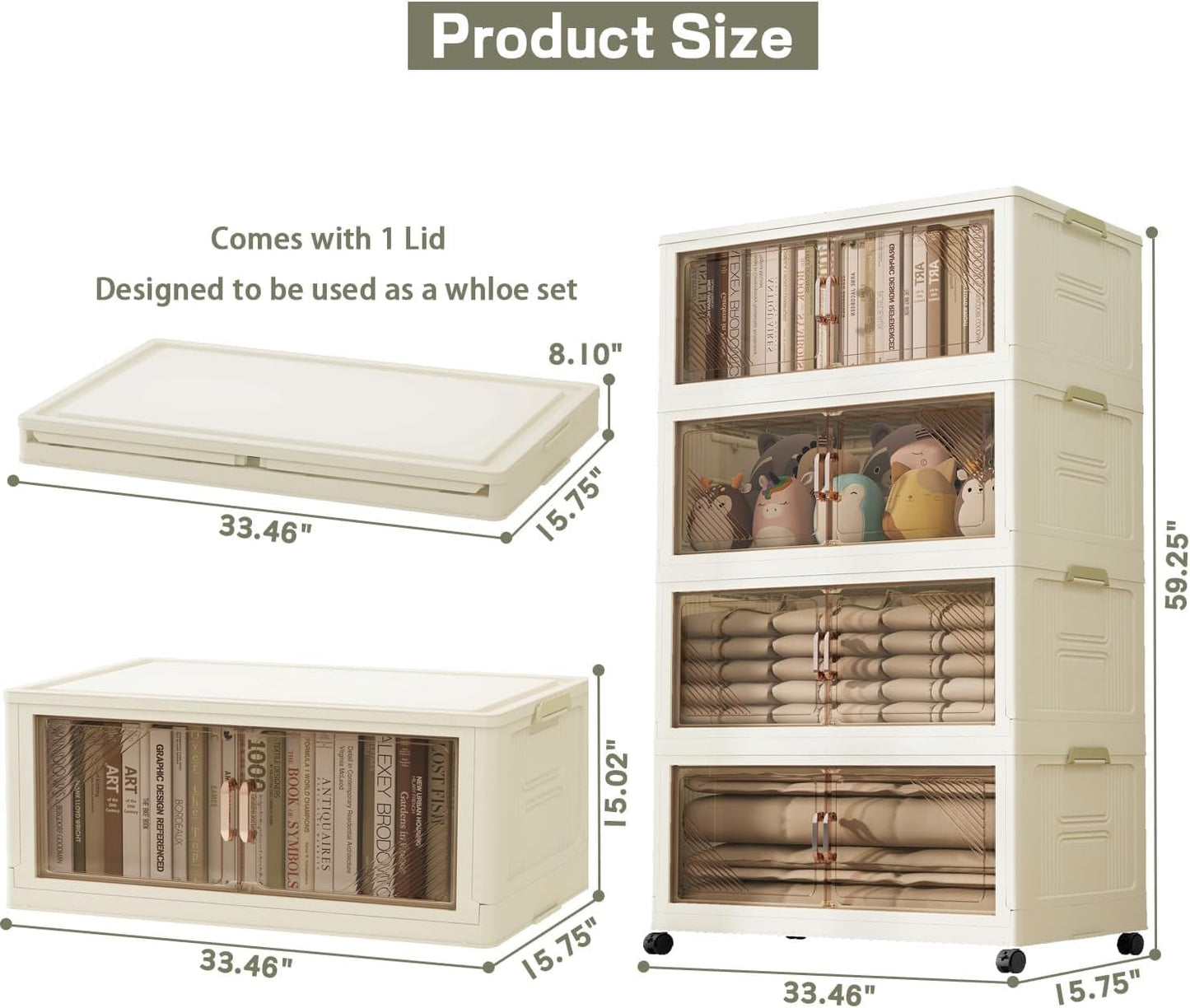 KHNR 4Packs Stackable Storage Bins with Lid, 36 Gal Closet Organizer and Storaging Drawer, Collapsible Storage Box with Wheels, Plastic Clothes Storage Cabinet Containers for Home and Office