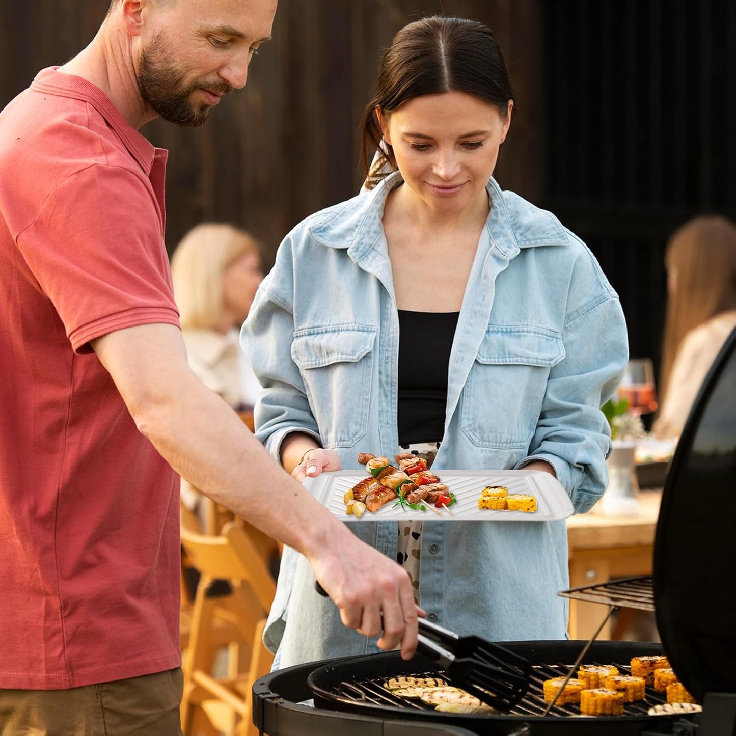 LEHAHA Grilling Prep and Serve Trays, Melamine BBQ Tray for Raw and Cooked Food, Food Serving Platter and plate for Outdoor Party,Large Melamine Serving Platter, Set of 2, 17.2 x 10.5'',Blue and White