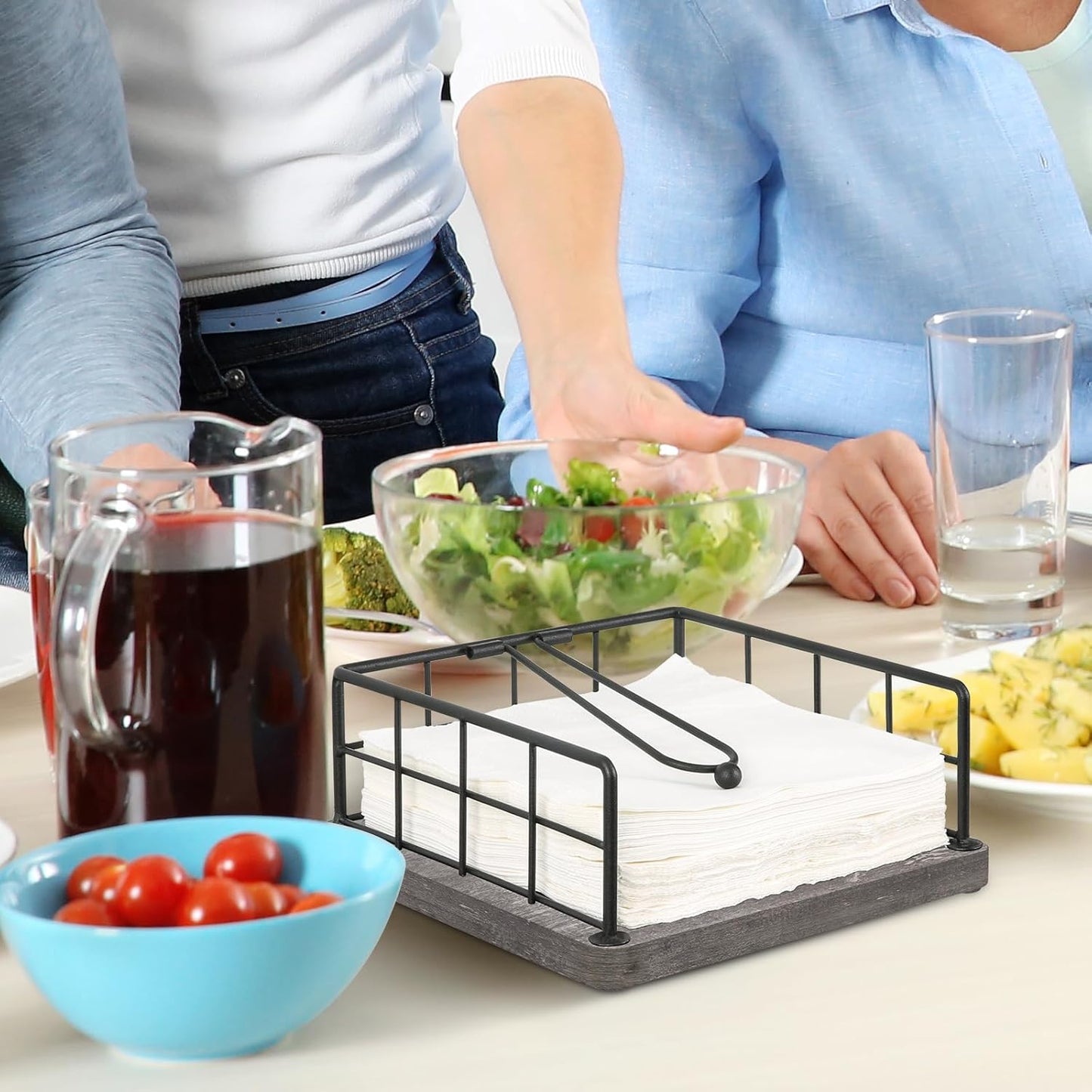 YINMIT Flat Napkin Holder for Table Wood, Gray Farmhouse Napkin Holders with Weighted Arm, Rustic Metal Square Napkin Holder Organizer for Kitchen Bathroom Dining Table