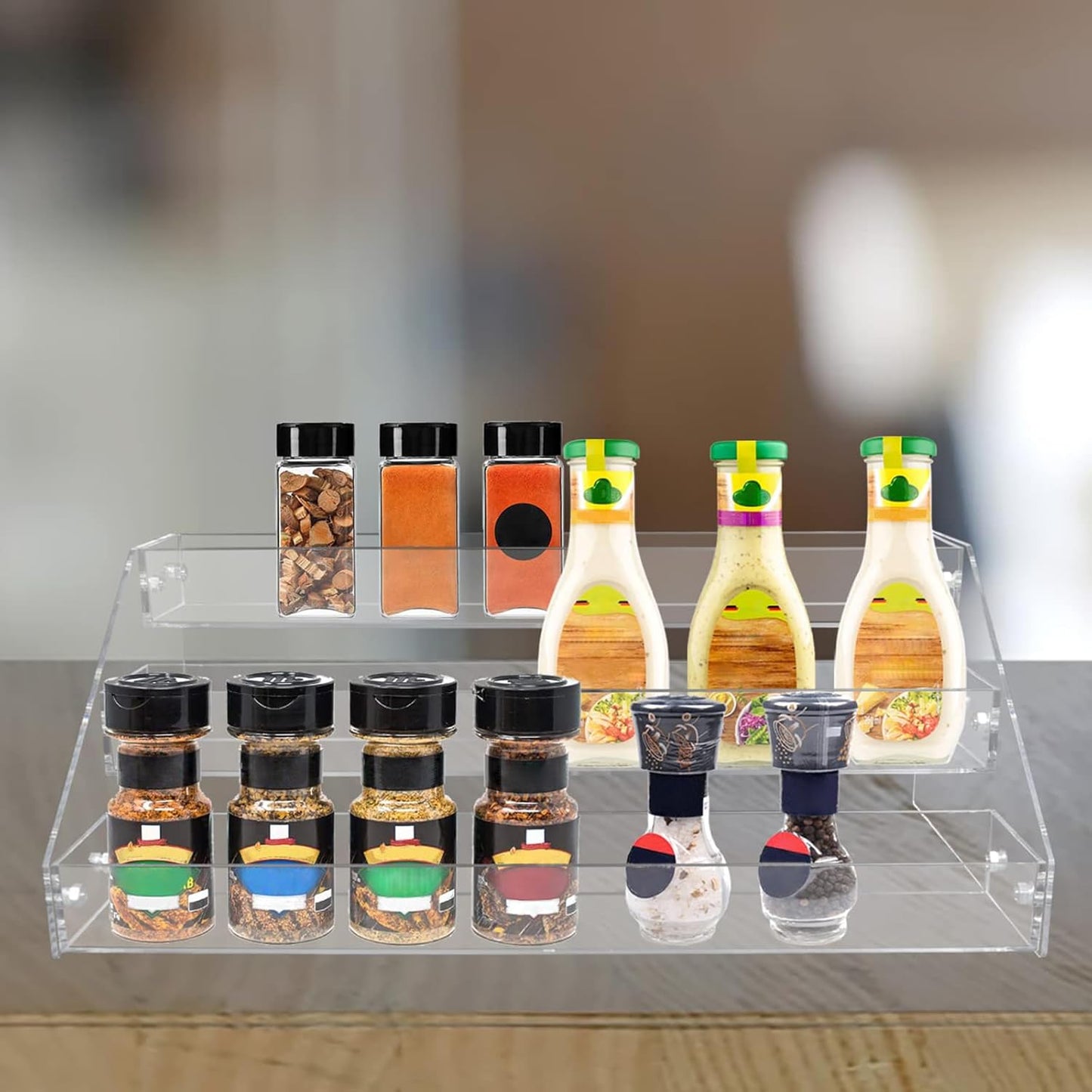 PMMASTO Tiered Spice Rack, Seasoning Organizer, Clear Acrylic Vertical Shelves Can Organizer for Countertop, Cabinet, Pantry, Kitchen Organization and Storage - 3 Tier