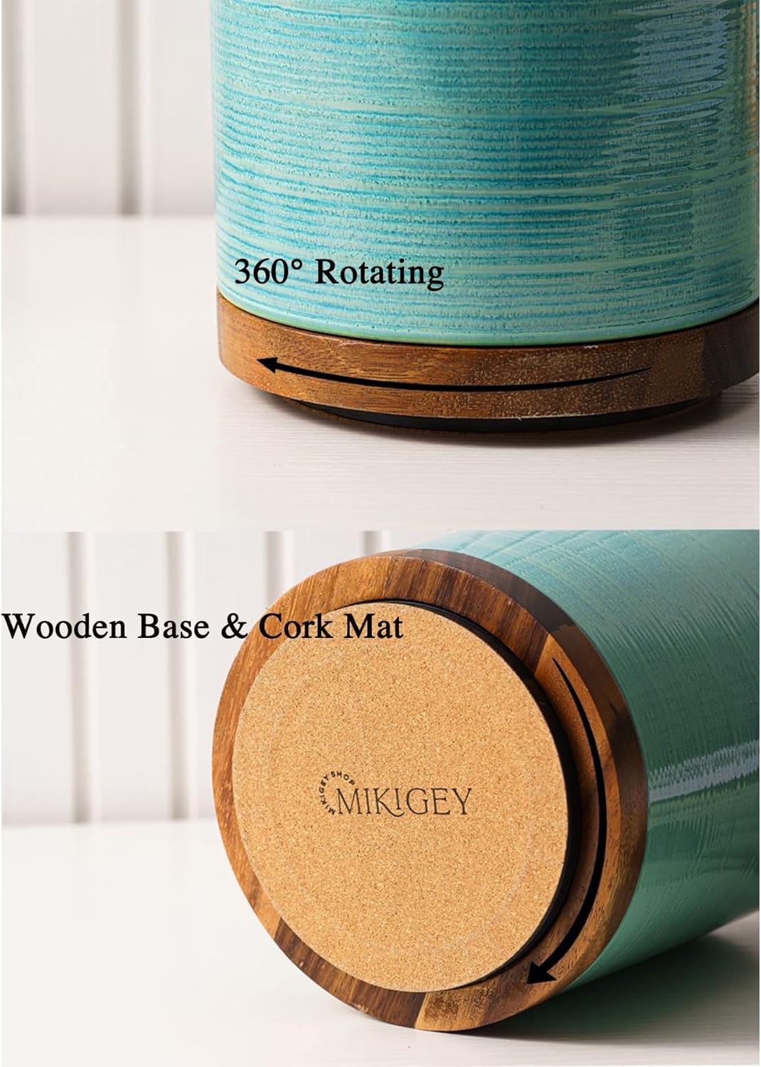 Utensil Holder, 360° Rotating Extra Large Ceramic Kitchen Utensil Holder for Countertop, Cooking Utensil Crocks for Counter with Rotatable Wooden Base, Farmhouse Kitchen Decor, Green