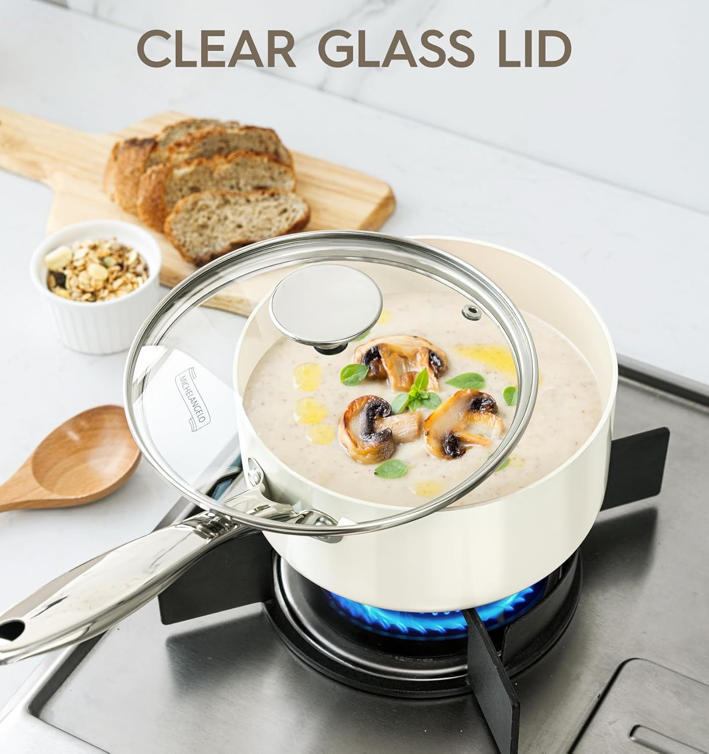 MICHELANGELO 1 Quart Saucepan with Lid, Nonstick Sauce Pan with Non-Toxic Ceramic Coating, Cream Sauce pan, 1 Qt Saucepans, Oven Safe