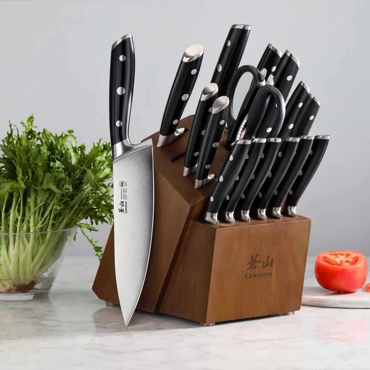 Cangshan Alps Series German Steel Forged 17-Piece Knife Block Set, Acacia (Black)