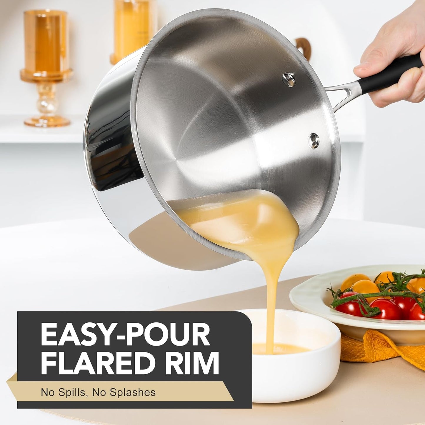 MICHELANGELO Triply Stainless Steel Saucepan with Lid 6 Pcs, Stainless Steel Sauce Pan with Bakelite Handle, Multipurpose Saucepans Set for Kitchen Cooking, Induction Compatible - 1QT & 2QT & 3QT