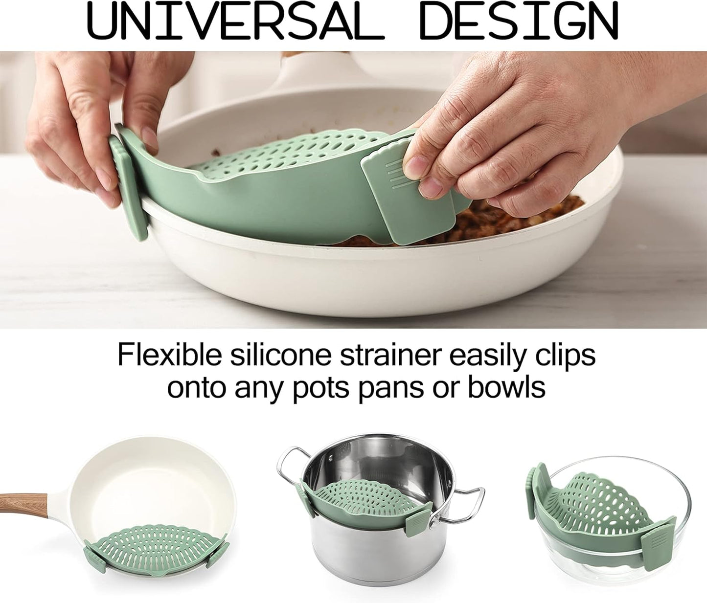 Adjustable Over the Sink Colander Strainer, Silicone Clip On Strainer for Pots Strainers and Plastic Colanders Drainer Basket for Food Pasta Vegetables Kitchen, Extendable 14.5"-19.5", Green