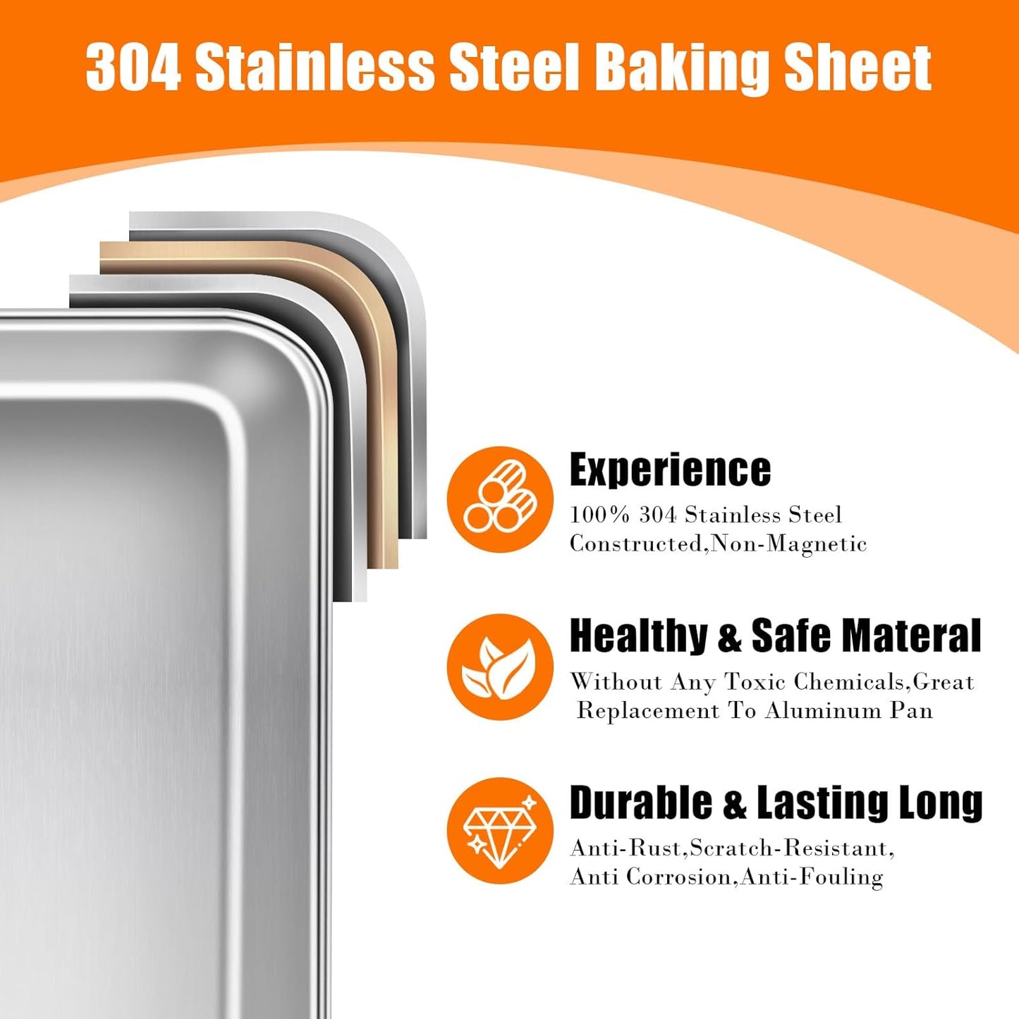 Non-Stick 304 Stainless Steel Baking Sheet Pan - 12"x9"x2" Multipurpose Dishwasher Safe Cookie Sheet | Healthy, Warp & Rust Resistant Bakeware for Pizza, Lasagna, Roasting