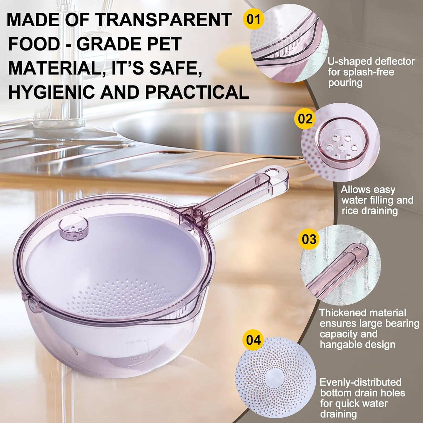 3-in-1 Kitchen Tool: Works as Rice Strainer, Fruit Washing Bowl with Strainer, Water Scoop. PET+PP Material, Rotatable Inner Basket for Easy Draining, Ideal for Rinsing Rice, Washing Fruits/Veggies.