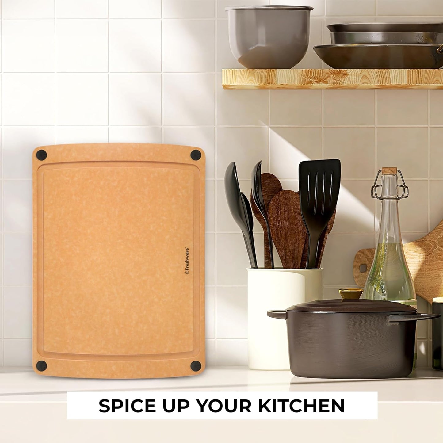 Freshware Wood Cutting Board for Kitchen, Juice Groove, Non-Slip Silicone Feet, Dishwasher Safe, Medium, 12" x 9", Natural