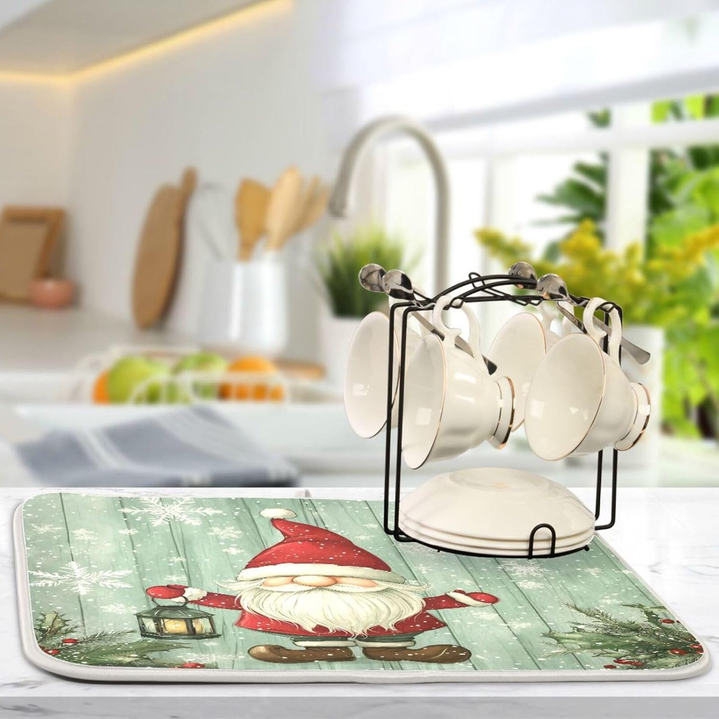 Christmas Gnome with Lantern Dish Drying Mat for Kitchen Counter Absorbent Microfiber Drying Pad, Large 18x24 in, Reversible Drainer Mats