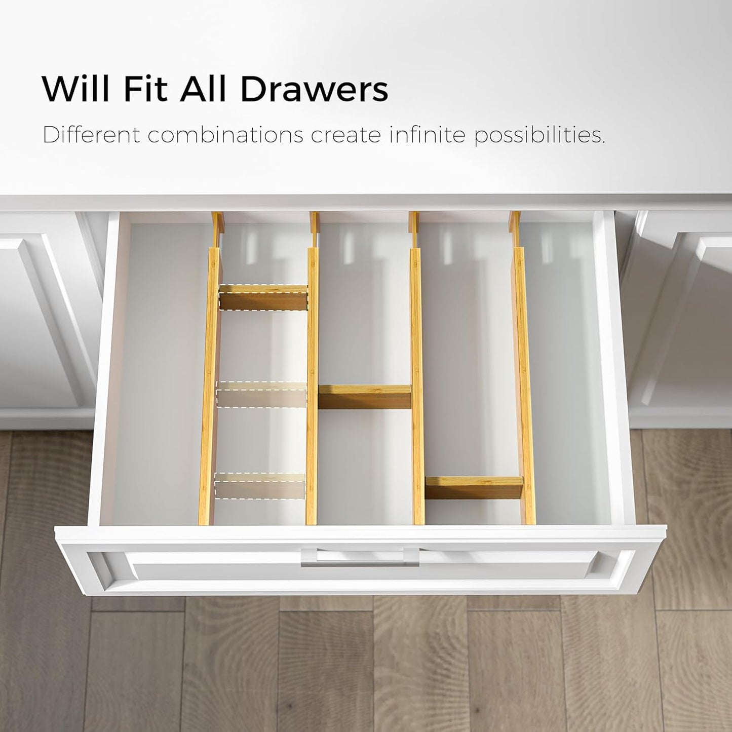 Adjustable Bamboo Drawer Dividers with Inserts, Expandable Spring-Loaded Drawer Organizer for Kitchen, Clothes, Tools, Silverware, Bamboo Organizer Separators - 4 Large Pieces