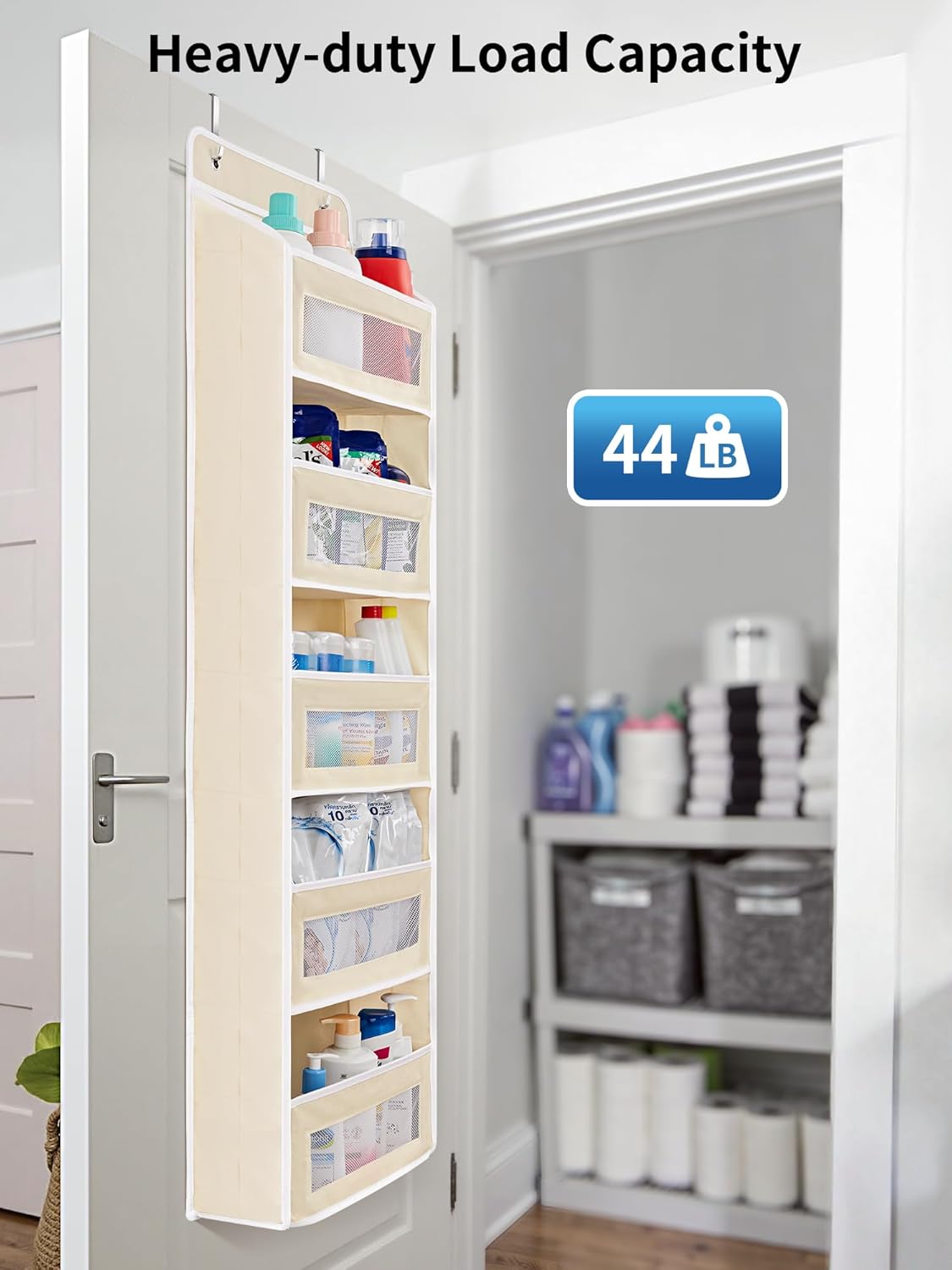 JARLINK 2 Pack Over The Door Organizer Storage, 5 Shelf Hanging Door Organizer with 5 Large Capacity Pockets, Anti Tilt 44 lb Load Behind Door Storage for Bedroom, Bathroom, Pantry, Nursery, (Beige)