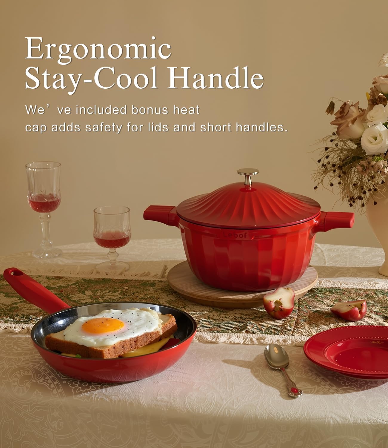 Nonstick Ceramic Cookware Set (7 Piece)–Titanium Cast Aluminum Pots and Pans Set with Lids, Non Toxic PFAS-Free Compatible with All Stovetops–Merlot Velvet