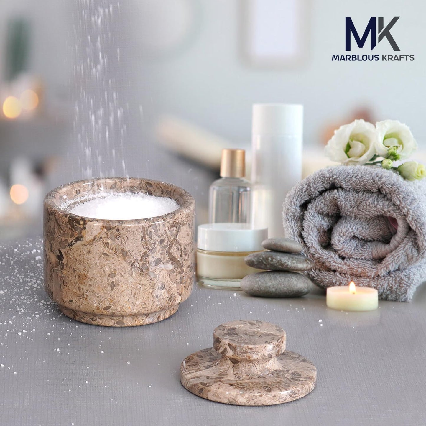 MARBLOUS KRAFTS Marble Salt Cellar with Lid 3" Inch Oceanic Salt Box, Seasoning Container & Spice Jars, Stone Salt Holder for Counter, Spice Jar