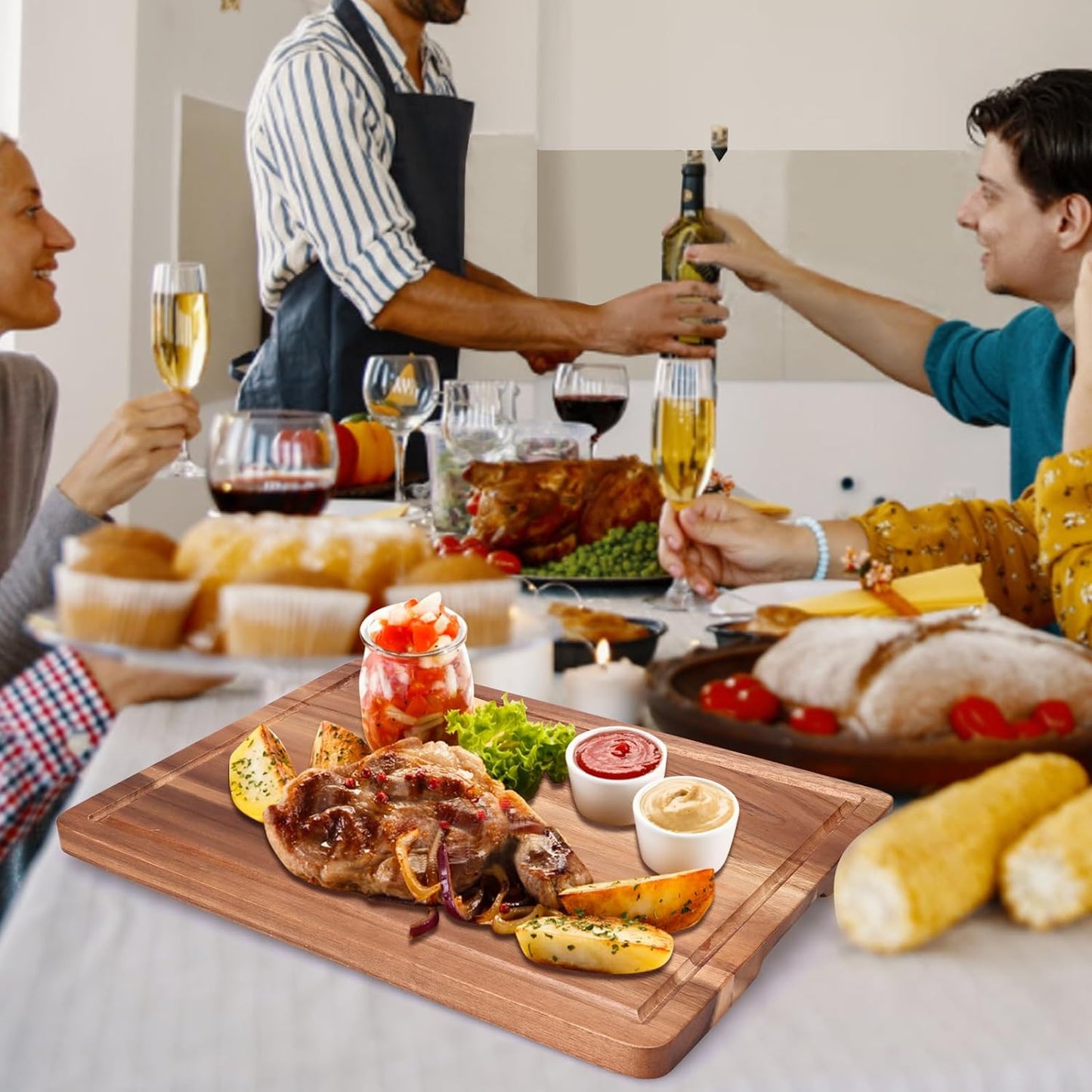 Acacia Wood Cutting Boards for Kitchen, Wooden Chopping Board with Side Handle and Juice Groove, 15" X 11" Carving Board, Butcher Block, Cheese Charcuterie Boards for Meat, Fruit, Steak