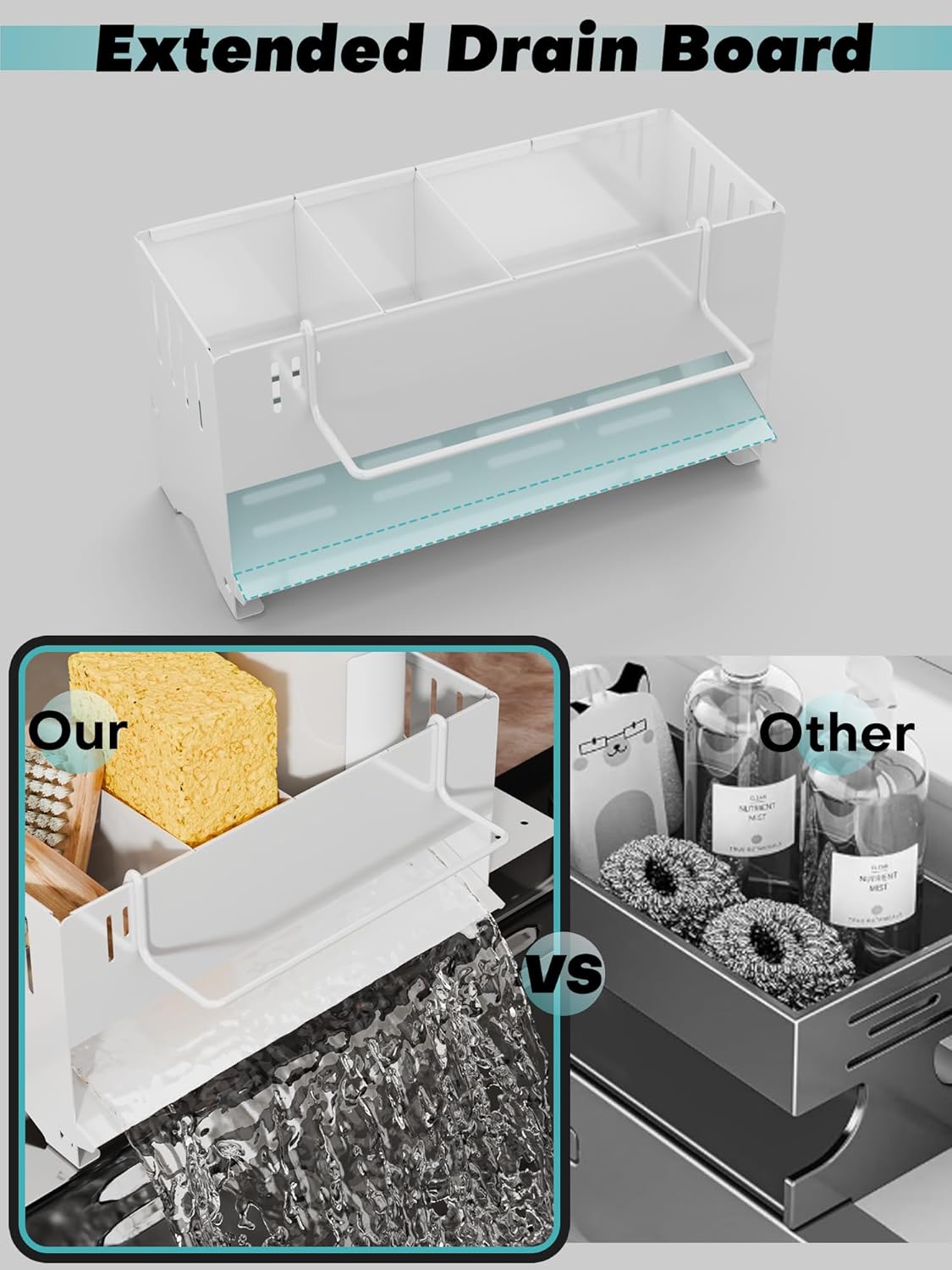 Sponge Holder for Kitchen Sink, Space-Saving Sink Caddy with Brush Holder, Kitchen Countertop Organizers and Storage Essentials