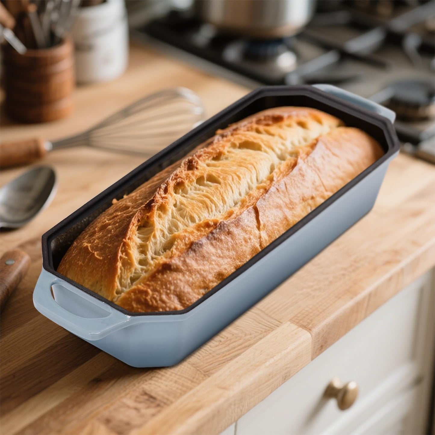 Bread Pan Cast Iron Loaf Pan with Lid Bread Loaf Pan 13x5 Inch Enameled Cast Iron Sourdough Bread Pan, LightBlue