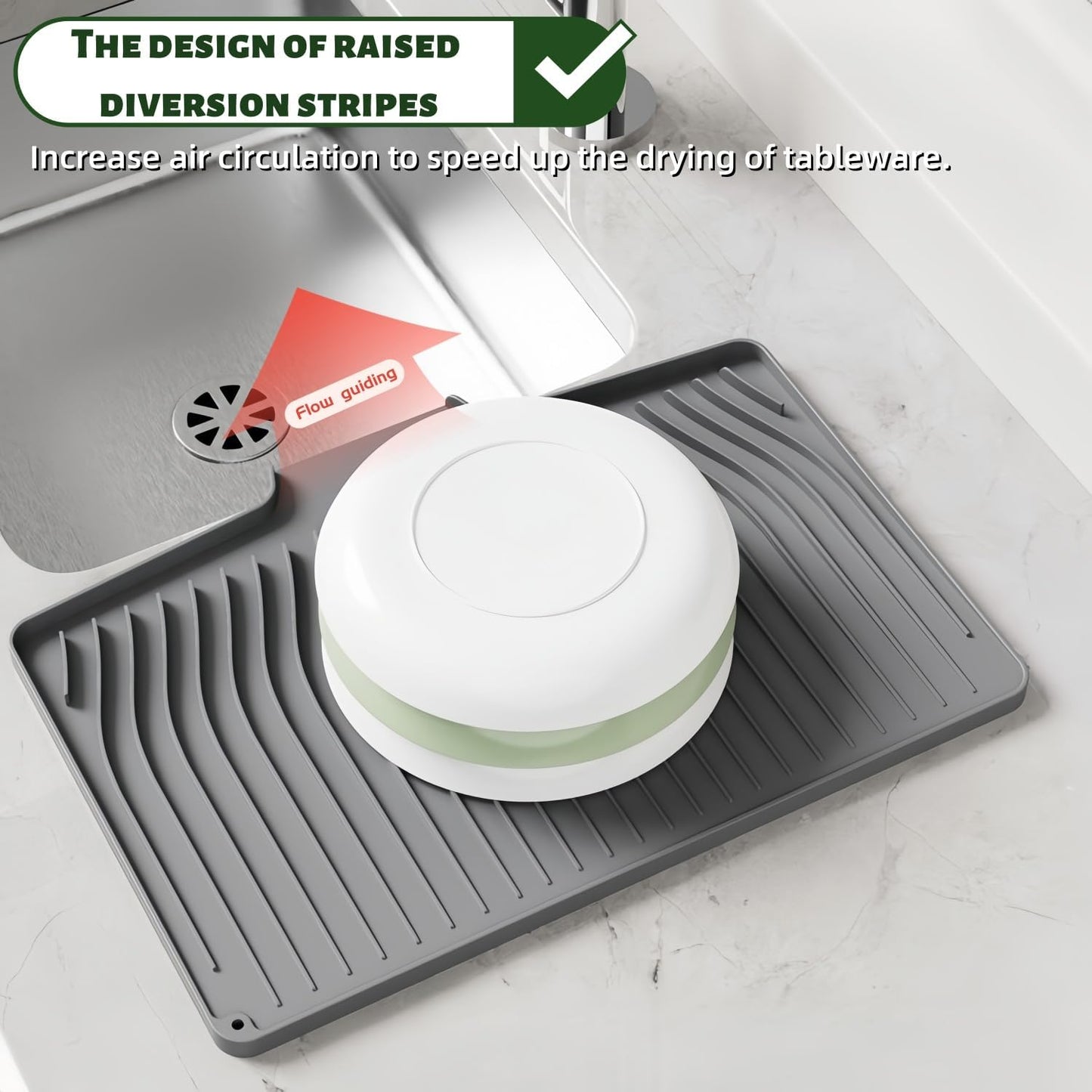 CIEO Silicone Dish Drying Mat for Kitchen Counter, Slope Fast Self-Draining, Non-Slip Drain Pad, Easy Clean Countertop Protection Mat, Multiple Use for Dishes Drying Rack(18.9"x 13.58",Black)