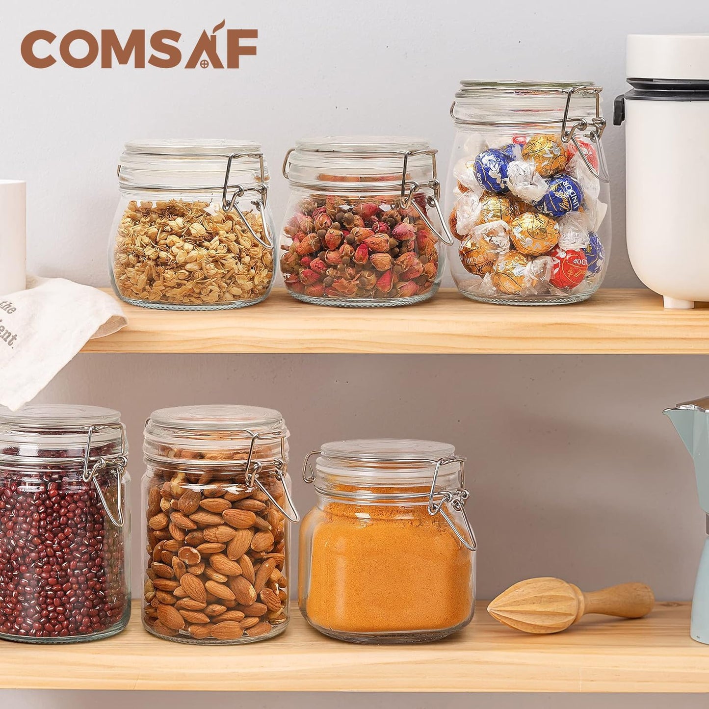 ComSaf Airtight Glass Jars with Lids 17oz Small Food Storage Container Set of 6 - Airtight Canister with Clear Preserving Seal Wire Clip Fastening for Kitchen Canning Pickling Mason jars