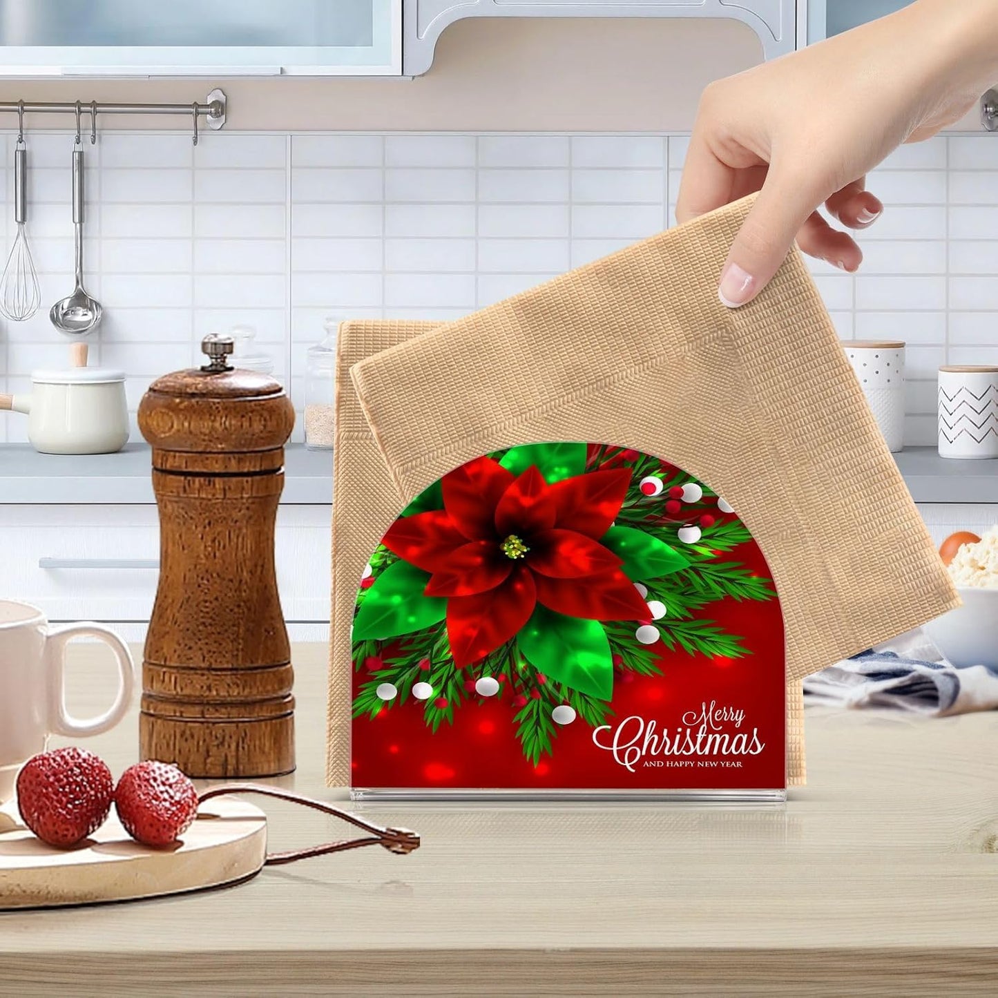 Christmas Red Poinsettia Berry Napkin Holder for Table Paper Napkins Holder Acrylic Tissue Dispenser Kitchen Dining Room Bathroom Party Car Decor