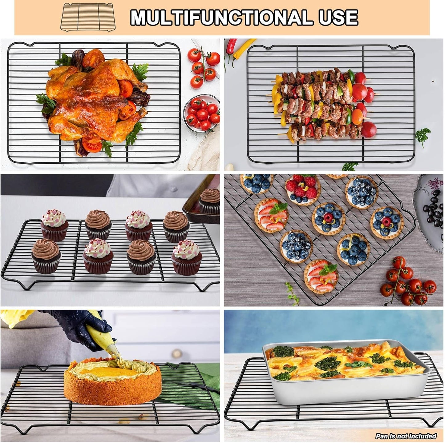 P&P CHEF Cooling Baking Rack Pack of 2, Stainless Steel Cooling Racks for Cooking Baking Roasting Grilling Drying, Dense Wires & Smooth Edge, Easy to clean, Black, 16.6" x 11.5"