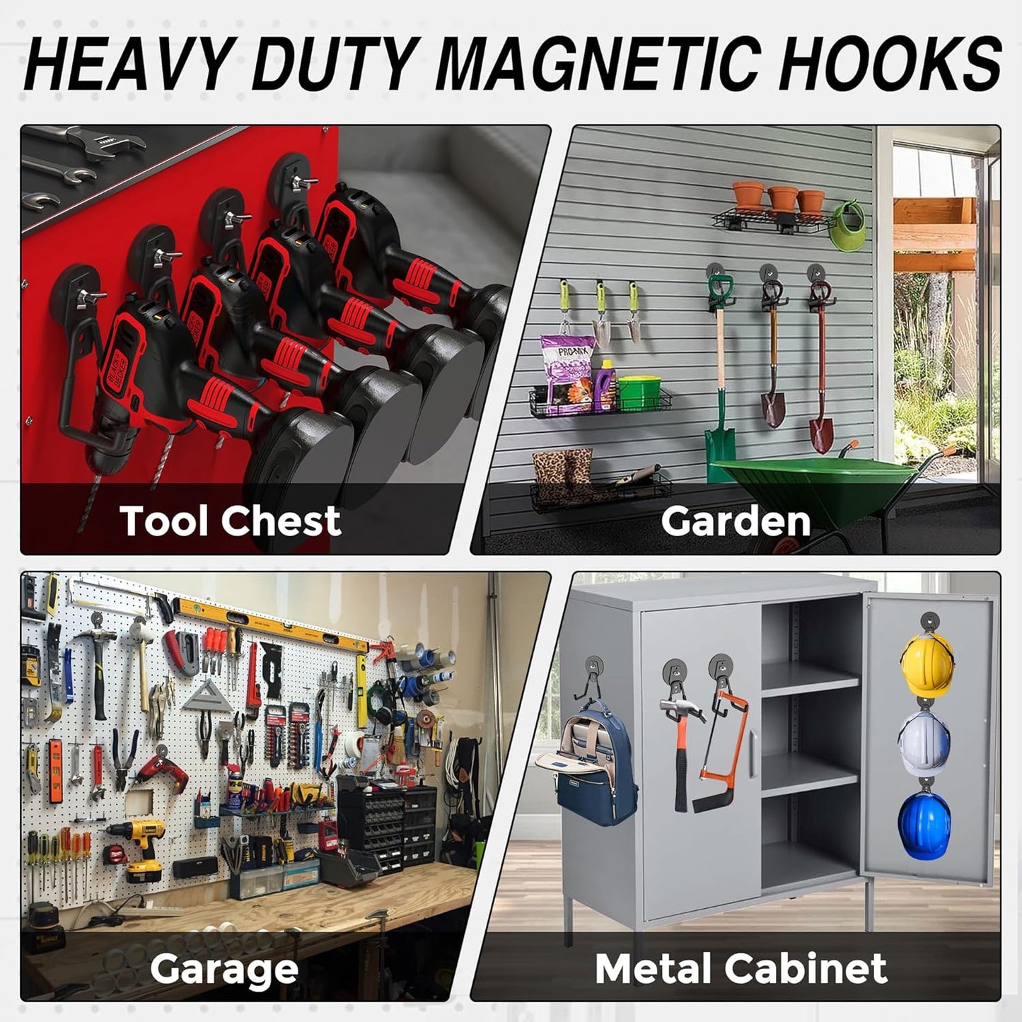 6 Pack Heavy Duty Storage Magnetic Utility Hooks Large Garage Strong Extra Magnet Hooks Hanger with Anti-Slip Coating Heavy Duty Magnetic Hooks for Hanging Power Dril Garage Garden Tools Black