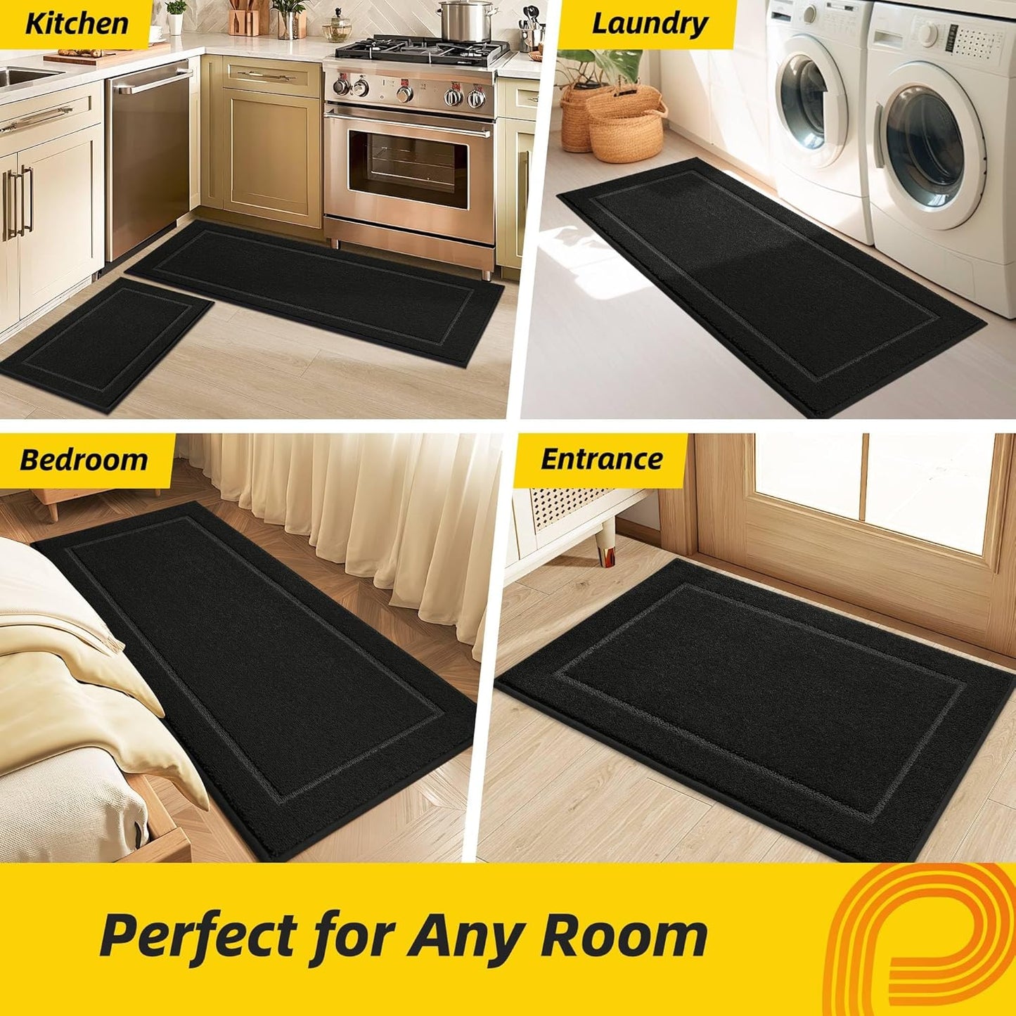 JSEI Non-Slip Kitchen Mats, Self Adhesive No Sliding Kitchen Rugs Set of 2, Washable Absorbent Floor Mat for Kitchen, Bathroom, Laundry Room, Bedroom, 24”x36”+24”x60”, Black, Rectangular Pattern