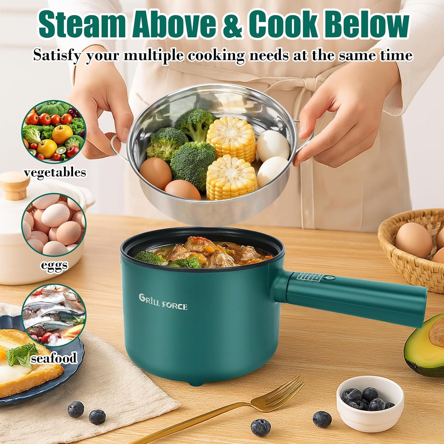 Hot Pot Electric with Steamer,6 Smart Modes, 1.8L Ramen Cooker, Portable Cooker, Non-Stick Frying Pan, Sauté Pan, Electric Pot for Pasta, Egg, Steak, BPA Free, College Dorm Room Essential