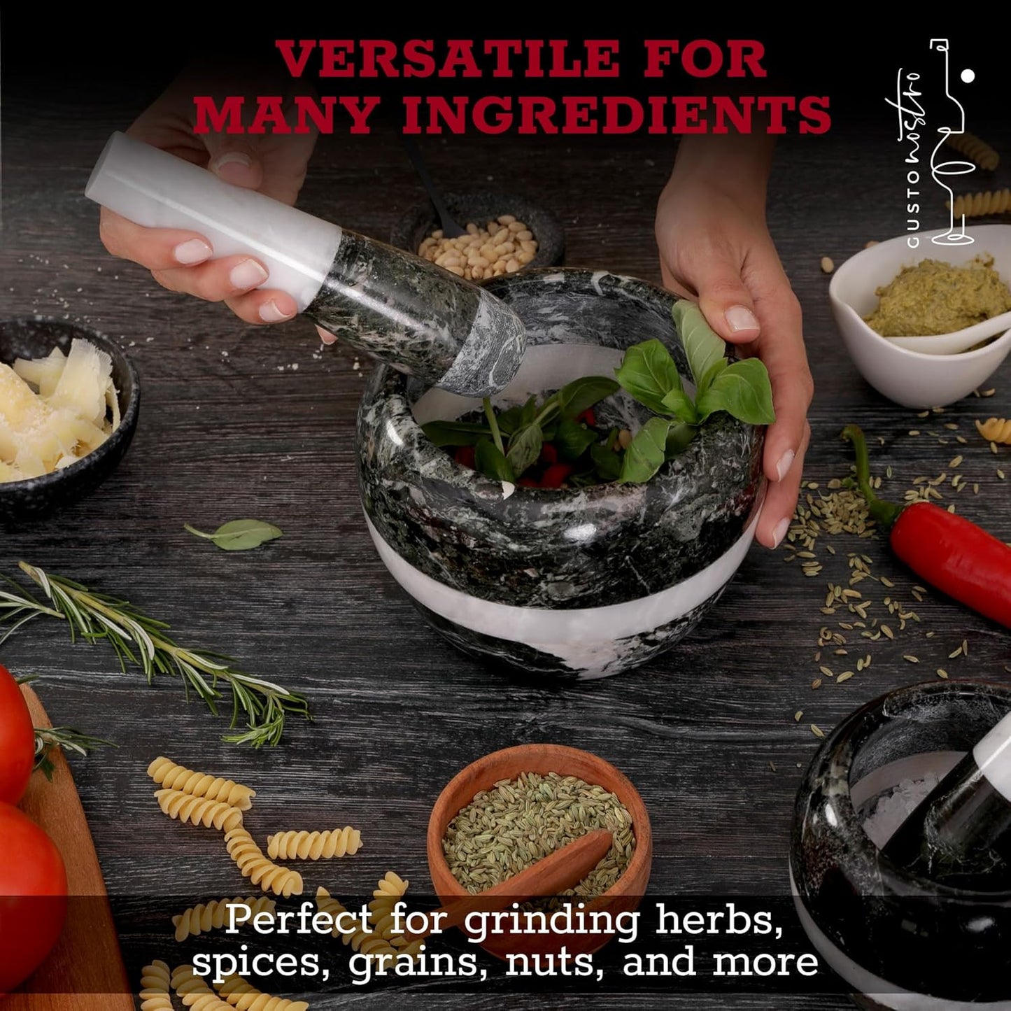 Gusto Nostro Natural Marble Mortar and Pestle Set Small| 4 Inch - 1.5 Cup | Mini Mortar Pestle Set for Grinding Herbs, Nuts, Grains | Pesto Grinding and Guacamole Stone Bowl | Marble Spice Crusher