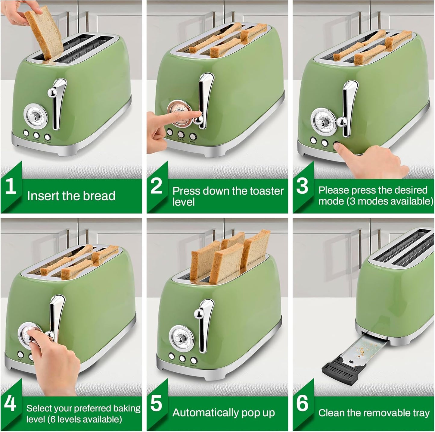 SUSTEAS Toaster 4 Slice Wide Slot, Stainless Steel Bread Bagel Toasters, Retro Long Slot Tostadora for Defrost, Reheat, Removable Crumb Tray, 1500W, 6 Browning Settings, Retro Green