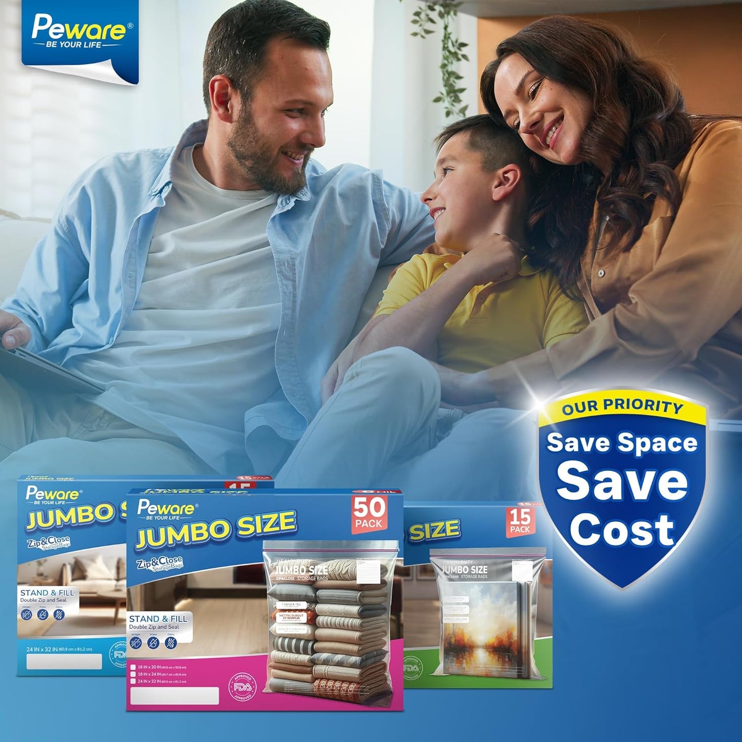 Large Storage Bags, 16"x20" Jumbo Plastic Bag, BPA Free, 3.5 Gallon XL Zipper Lock Baggies for Clothes Pillow Travel Moving - 15 Roomy Bags