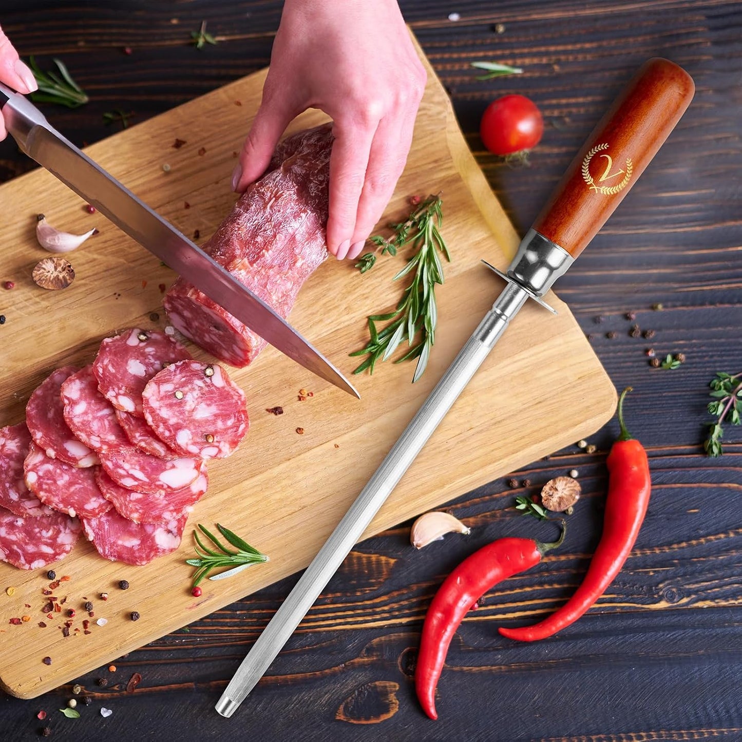 Knife Sharpener Rod, Kitchen Knives Sharpener Carbon Steel Professional Knife Sharpening Steel, Honing Rod with Hanging Holes (13 inches), V