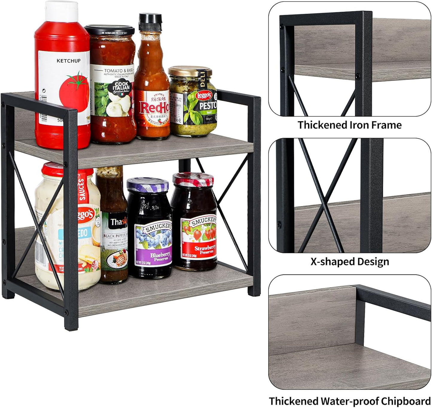 Giikin Countertop Shelf Organizer, 2 Tier Kitchen Spice Rack Organizer for Countertop, Wood Coffee Counter Shelf Organizer for Home (Grey, S)