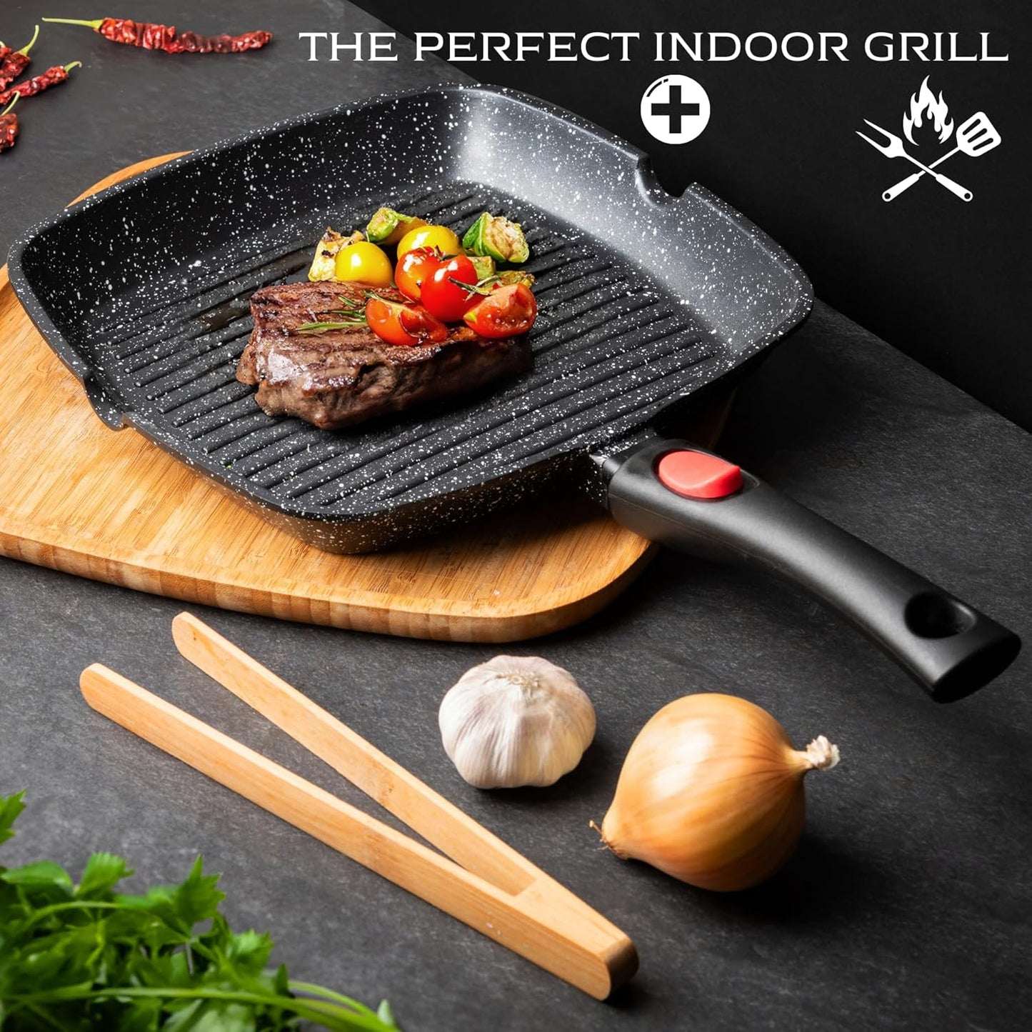 Moss & Stone Square Grill Pan for Indoor Cooking, 11-Inch Nonstick Griddle Skillet with Removable Handle, RV Die-Cast Aluminum Stove Top Grill Pan for Meats & Vegetables, Detachable Handle