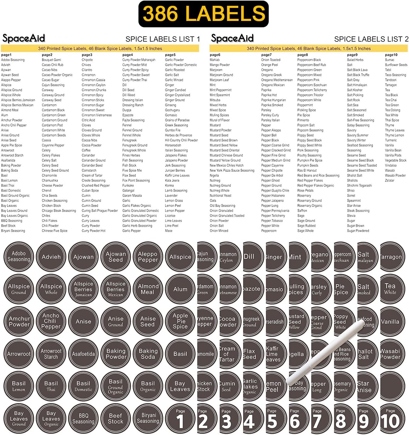 SpaceAid Spice Rack Organizer with 24 Spice Jars, 386 Spice Labels, Chalk Marker and Funnel Set for Cabinet, Countertop, Pantry, Cupboard or Door & Wall Mount -24 Jars, 11.8" W × 10.8" H, Black